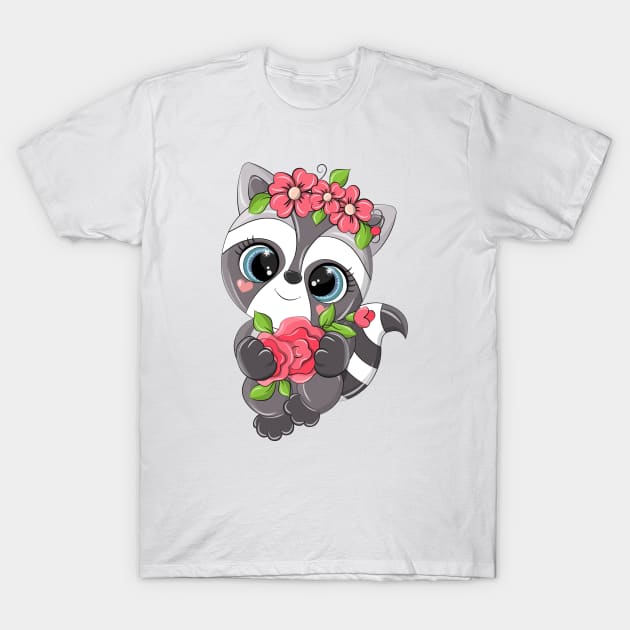 Cheerful raccoon with a bouquet of flowers T-Shirt by Eduard Litvinov